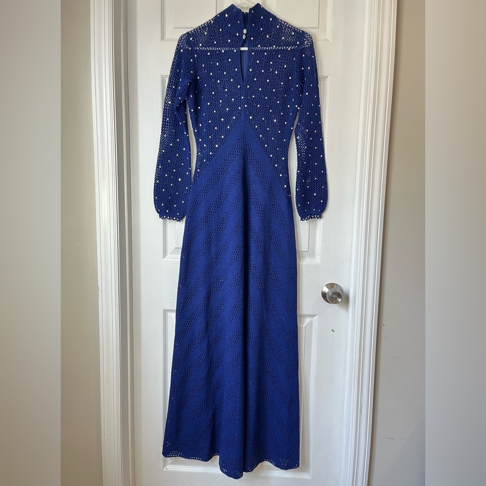 Vintage 1970s rhinestone studded Royal Blue Long Sleeve knit Maxi Dress size M